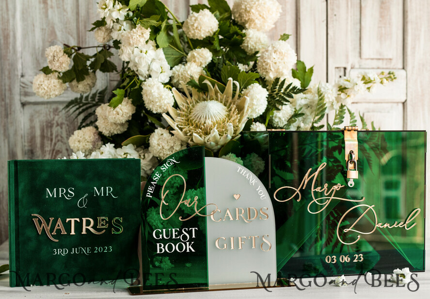 WEDDING GUEST BOOKS Instax Instant Photo Book Emerald Green Acrylic and Velvet Wedding Guest Book Personalised & sign set, Greenery elegant Instant Photo Book Boho Elegant Instax Guestbook, sGA