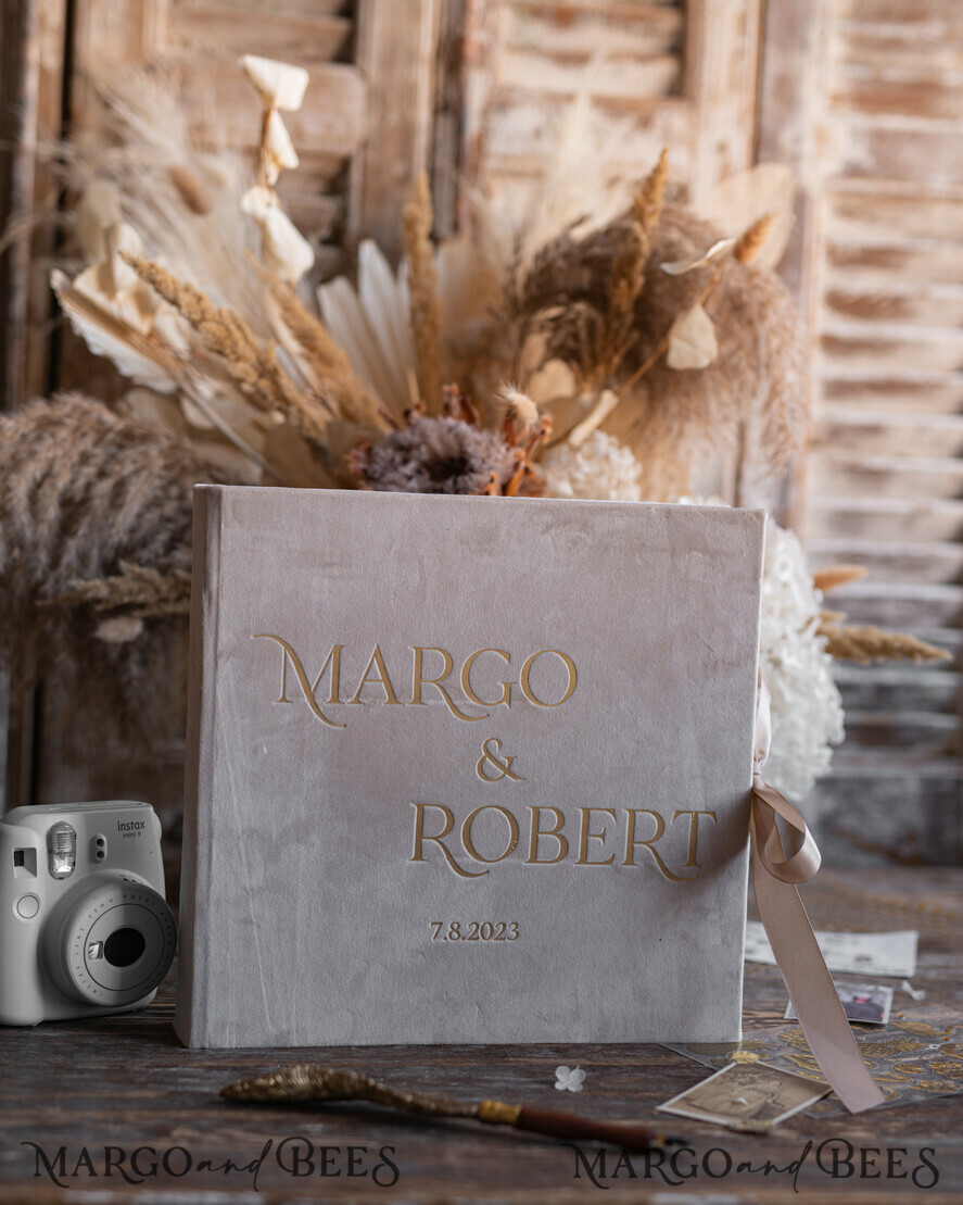 WEDDING GUEST BOOKS Instax Instant Photo Book Luxury Wedding Guest Book, Velvet beige and Gold Personalized Wedding Guest Book, Wedding guest book ideas
