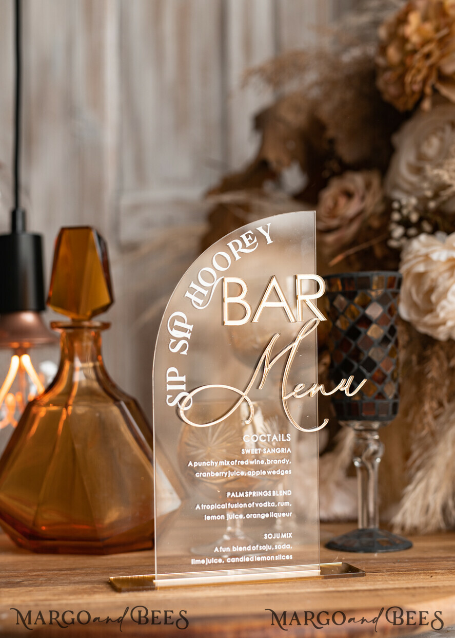 TABLE DECOR SIGNS Acrylic table decor Numbers Acrylic Half Arch Clear Bar Menu, Transparent Acrylic Gold Bar Menu, Gold Plexi Drink Bar Menu, Plexi Glas Luxury Wedding Drink Bar Table Decor, Wedding Signage Golden Mirror Bar Menu
