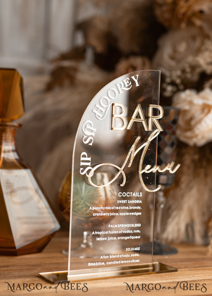 TABLE DECOR SIGNS Acrylic table decor Numbers Acrylic Half Arch Clear Bar Menu, Transparent Acrylic Gold Bar Menu, Gold Plexi Drink Bar Menu, Plexi Glas Luxury Wedding Drink Bar Table Decor, Wedding Signage Golden Mirror Bar Menu