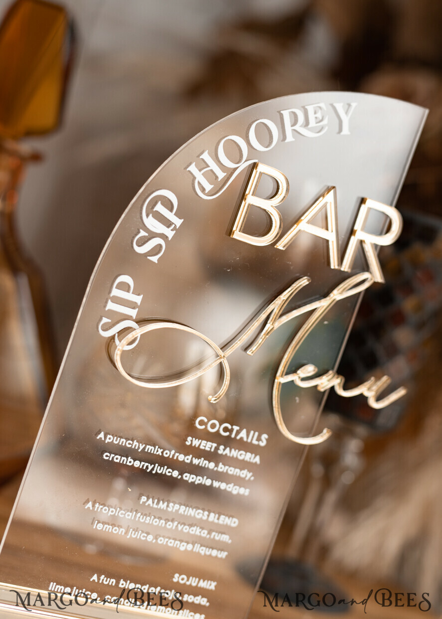 TABLE DECOR SIGNS Acrylic table decor Numbers Acrylic Half Arch Clear Bar Menu, Transparent Acrylic Gold Bar Menu, Gold Plexi Drink Bar Menu, Plexi Glas Luxury Wedding Drink Bar Table Decor, Wedding Signage Golden Mirror Bar Menu
