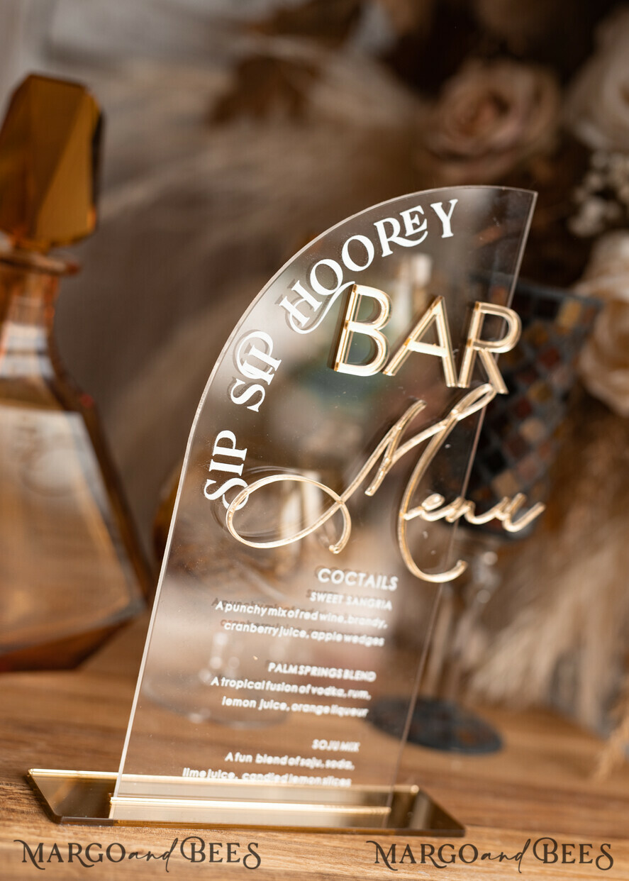 TABLE DECOR SIGNS Acrylic table decor Numbers Acrylic Half Arch Clear Bar Menu, Transparent Acrylic Gold Bar Menu, Gold Plexi Drink Bar Menu, Plexi Glas Luxury Wedding Drink Bar Table Decor, Wedding Signage Golden Mirror Bar Menu