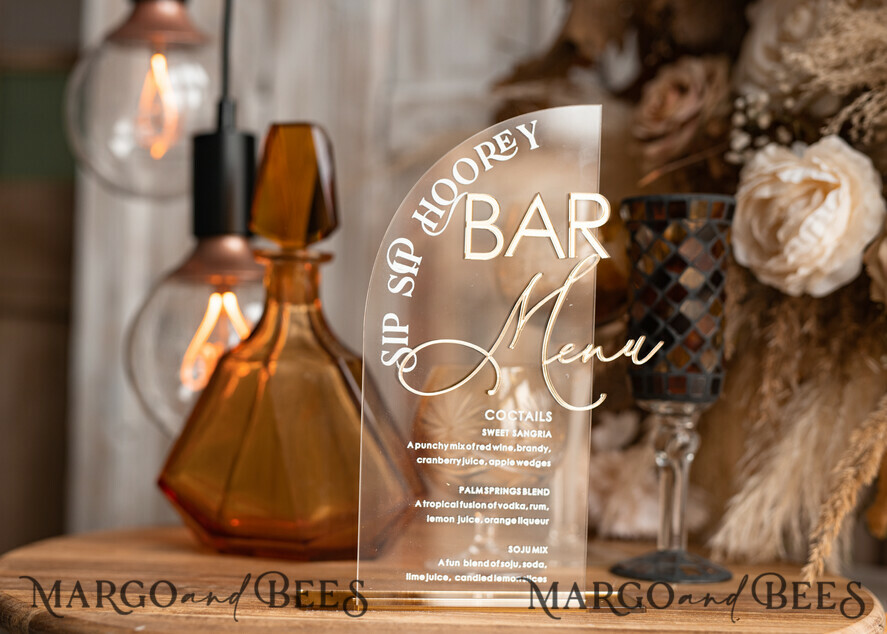 TABLE DECOR SIGNS Acrylic table decor Numbers Acrylic Half Arch Clear Bar Menu, Transparent Acrylic Gold Bar Menu, Gold Plexi Drink Bar Menu, Plexi Glas Luxury Wedding Drink Bar Table Decor, Wedding Signage Golden Mirror Bar Menu