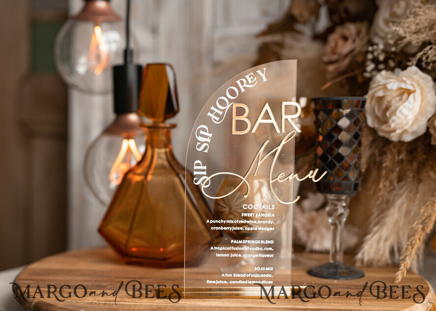 TABLE DECOR SIGNS Acrylic table decor Numbers Acrylic Half Arch Clear Bar Menu, Transparent Acrylic Gold Bar Menu, Gold Plexi Drink Bar Menu, Plexi Glas Luxury Wedding Drink Bar Table Decor, Wedding Signage Golden Mirror Bar Menu