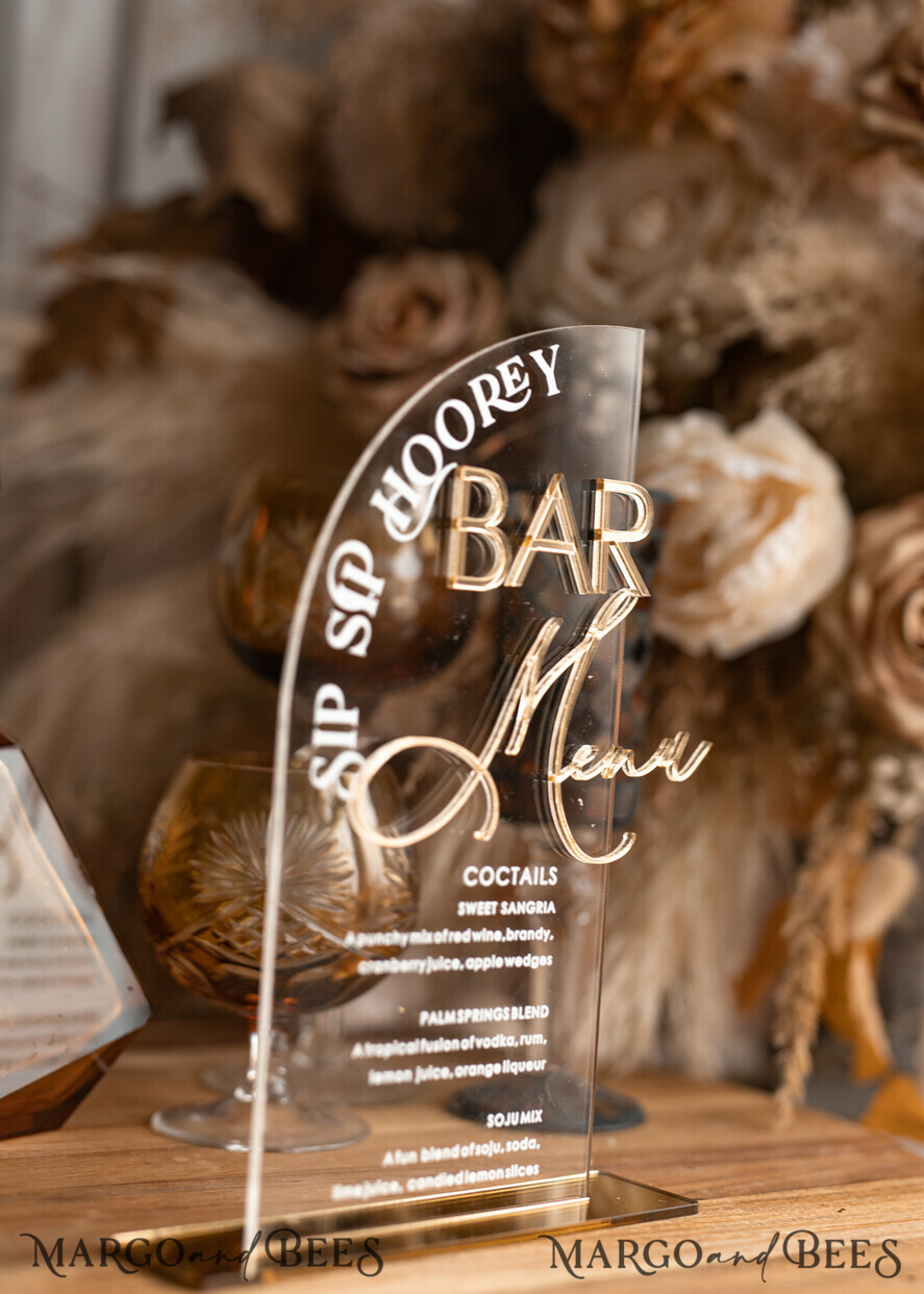TABLE DECOR SIGNS Acrylic table decor Numbers Acrylic Half Arch Clear Bar Menu, Transparent Acrylic Gold Bar Menu, Gold Plexi Drink Bar Menu, Plexi Glas Luxury Wedding Drink Bar Table Decor, Wedding Signage Golden Mirror Bar Menu