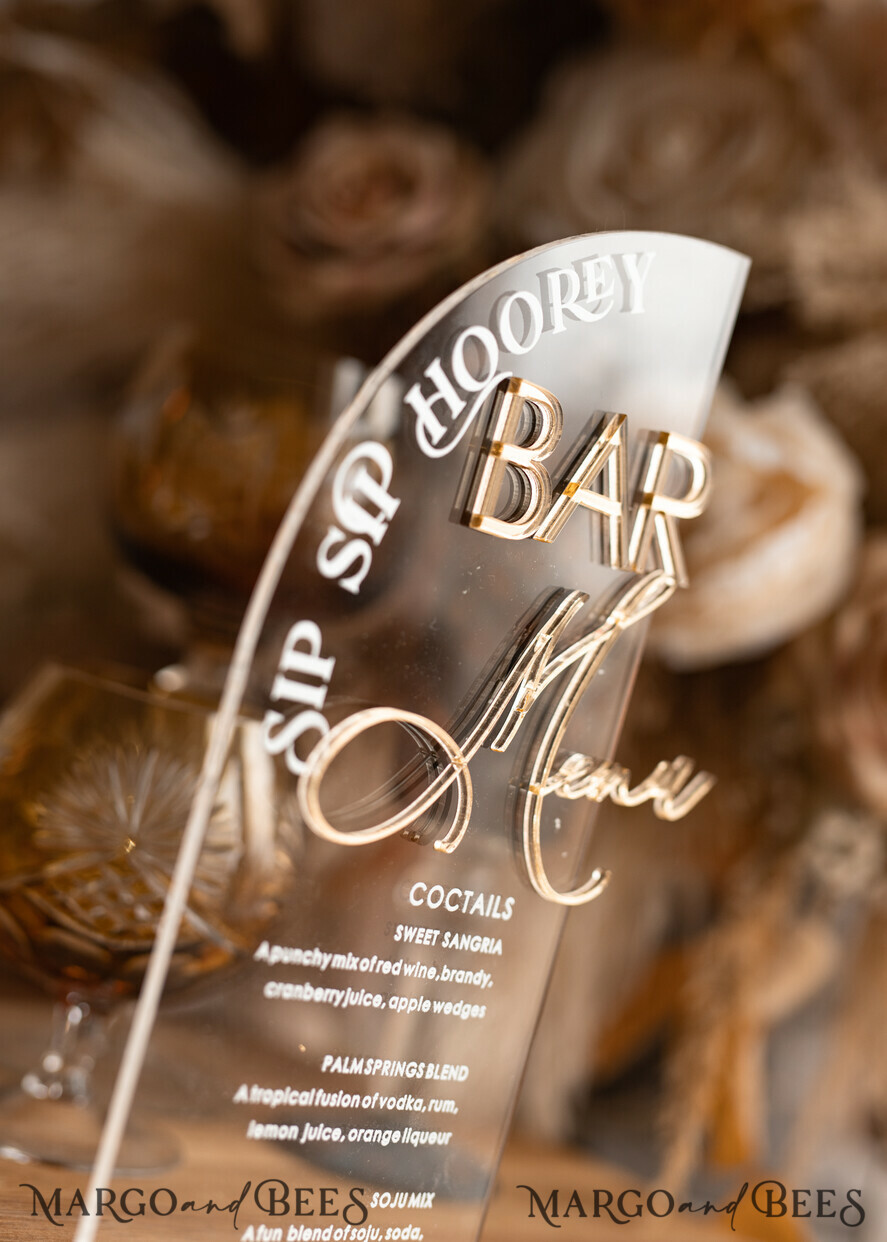 TABLE DECOR SIGNS Acrylic table decor Numbers Acrylic Half Arch Clear Bar Menu, Transparent Acrylic Gold Bar Menu, Gold Plexi Drink Bar Menu, Plexi Glas Luxury Wedding Drink Bar Table Decor, Wedding Signage Golden Mirror Bar Menu