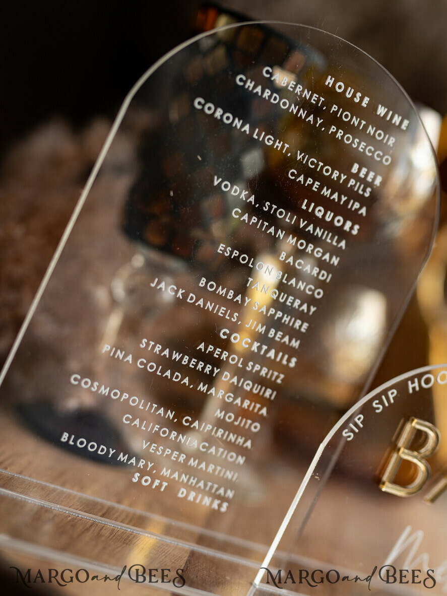TABLE DECOR SIGNS Acrylic table decor Numbers Transparent Acrylic Arch Bar Menu, Clear Acrylic And Gold Sign, Gold Plexi Double Sign, Luxury Wedding Table Decor, Wedding Signage Golden Mirror Cards Sign