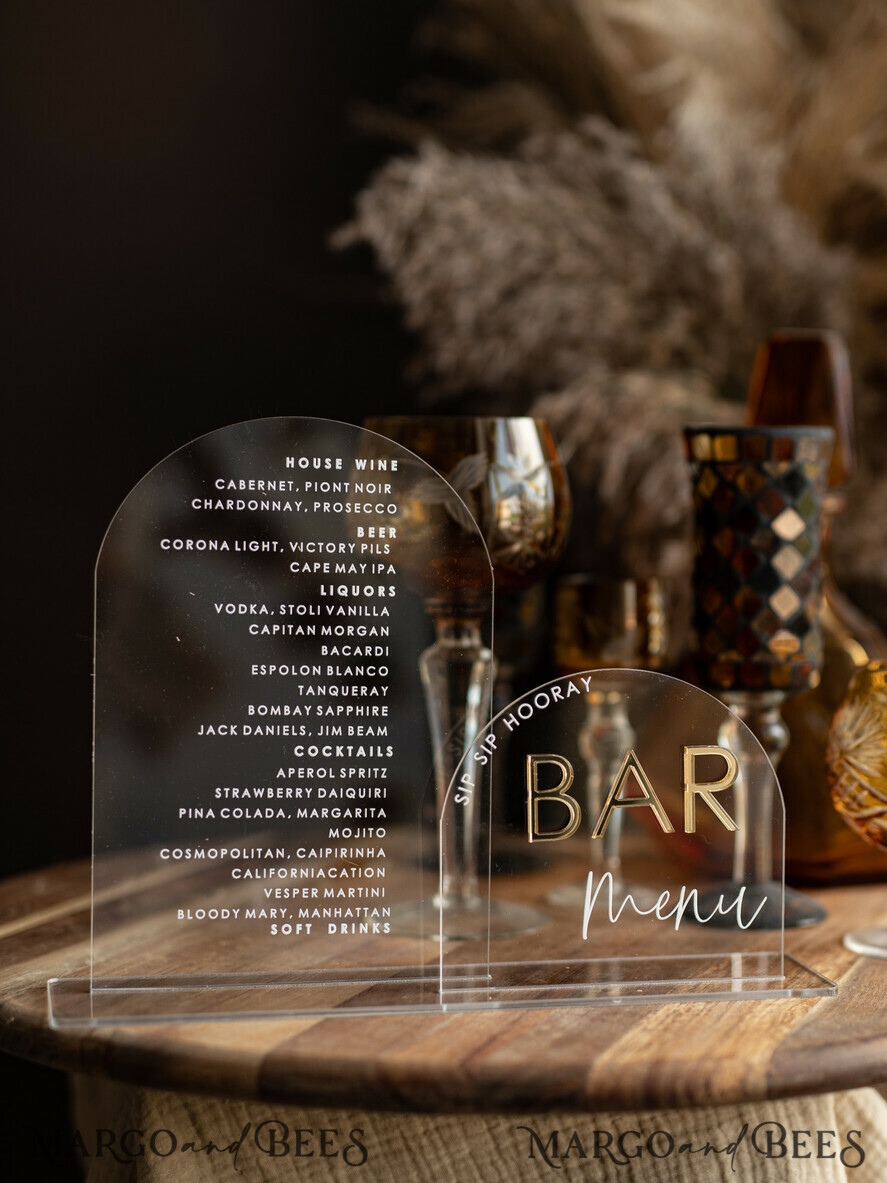TABLE DECOR SIGNS Acrylic table decor Numbers Transparent Acrylic Arch Bar Menu, Clear Acrylic And Gold Sign, Gold Plexi Double Sign, Luxury Wedding Table Decor, Wedding Signage Golden Mirror Cards Sign
