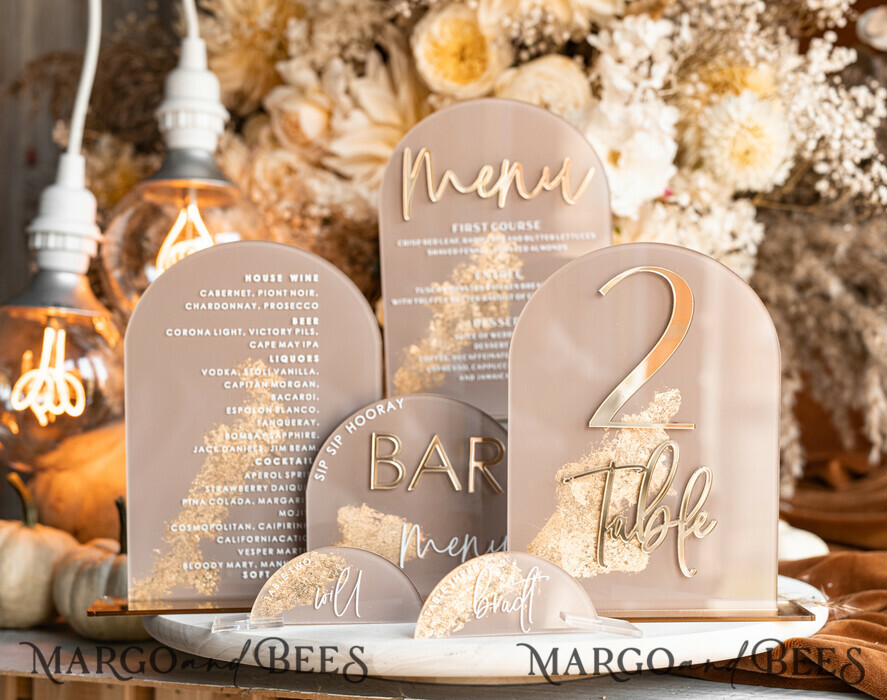 TABLE DECOR SIGNS Acrylic table decor Numbers Acrylic Arch Cappuccino Top Table Sign, Clear Acrylic And Gold Top Table Sign, Nude Taupe Gold Plexi Top Table Sign, Tan Luxury Wedding Table Decor, Earthy Wedding Signage Golden Mirror Top Table Sign