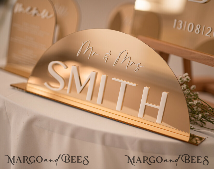 TABLE DECOR SIGNS Acrylic table decor Numbers Acrylic Arch Top Table Sign, Gold Mirror Acrylic Sign, Golden Plexi Top Table Sign, Luxury Wedding Table Decor, Custom Wedding Signage Golden Mirror Cards Sign