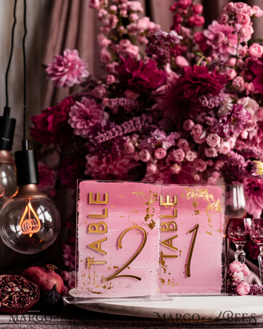 TABLE DECOR SIGNS Acrylic table decor Numbers Pale Pink Ombre Mauve Acrylic Table Number, Dusty Rose Acrylic & gold Sign, Gold Plum Plexi Table Numbers, Luxury Purple Wedding Table Decor, 3D Wedding Signage