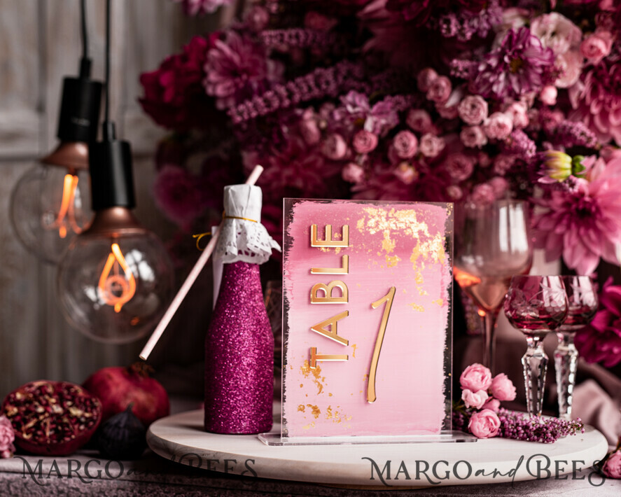 TABLE DECOR SIGNS Acrylic table decor Numbers Pale Pink Ombre Mauve Acrylic Table Number, Dusty Rose Acrylic & gold Sign, Gold Plum Plexi Table Numbers, Luxury Purple Wedding Table Decor, 3D Wedding Signage