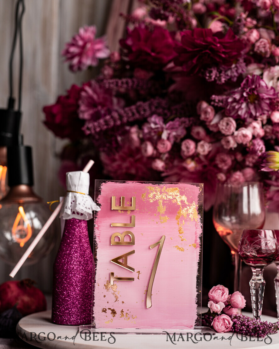 TABLE DECOR SIGNS Acrylic table decor Numbers Pale Pink Ombre Mauve Acrylic Table Number, Dusty Rose Acrylic & gold Sign, Gold Plum Plexi Table Numbers, Luxury Purple Wedding Table Decor, 3D Wedding Signage