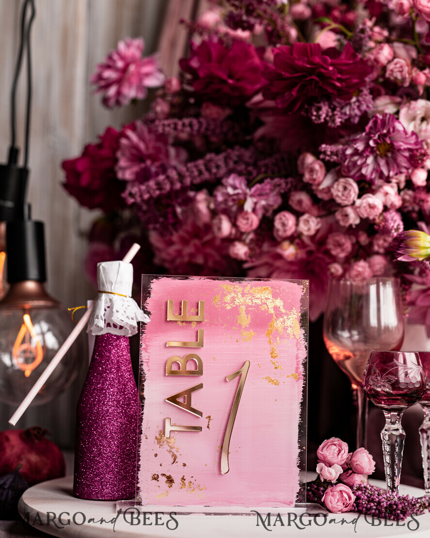 TABLE DECOR SIGNS Acrylic table decor Numbers Pale Pink Ombre Mauve Acrylic Table Number, Dusty Rose Acrylic & gold Sign, Gold Plum Plexi Table Numbers, Luxury Purple Wedding Table Decor, 3D Wedding Signage