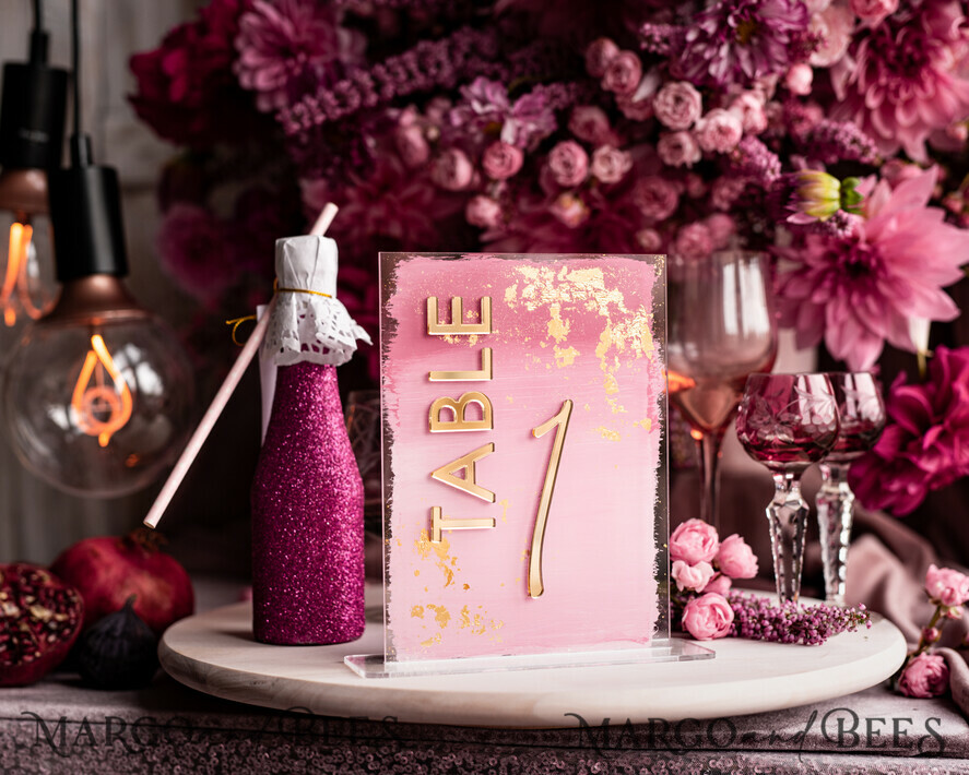 TABLE DECOR SIGNS Acrylic table decor Numbers Pale Pink Ombre Mauve Acrylic Table Number, Dusty Rose Acrylic & gold Sign, Gold Plum Plexi Table Numbers, Luxury Purple Wedding Table Decor, 3D Wedding Signage