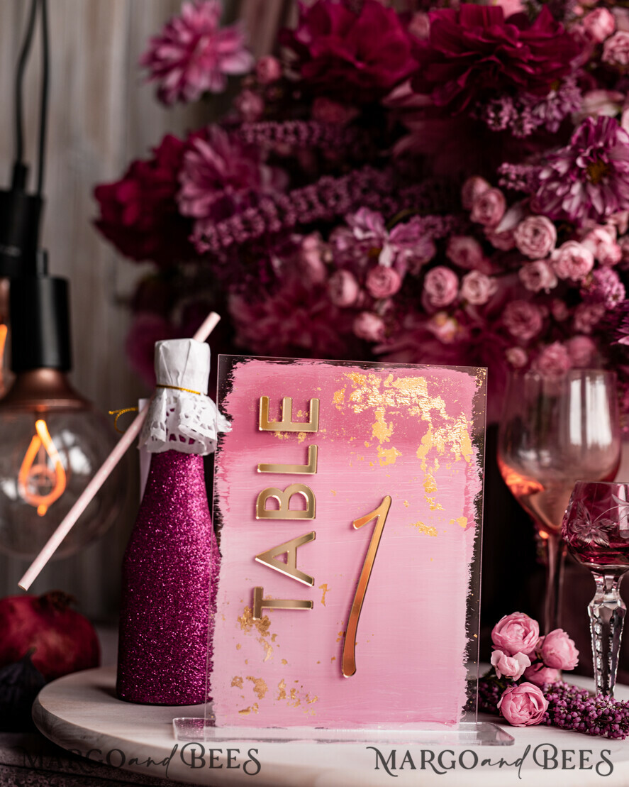 TABLE DECOR SIGNS Acrylic table decor Numbers Pale Pink Ombre Mauve Acrylic Table Number, Dusty Rose Acrylic & gold Sign, Gold Plum Plexi Table Numbers, Luxury Purple Wedding Table Decor, 3D Wedding Signage