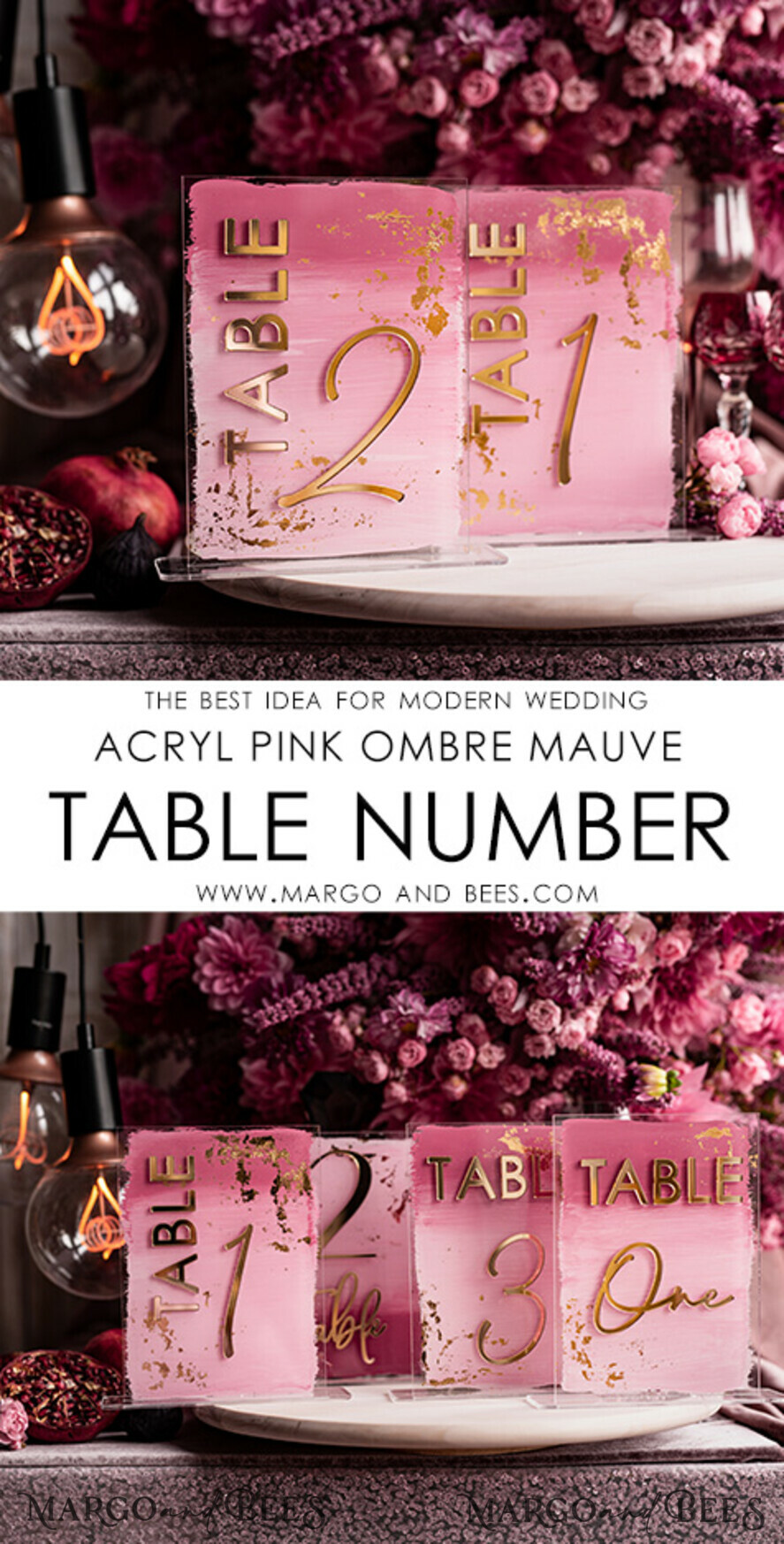 TABLE DECOR SIGNS Acrylic table decor Numbers Pale Pink Ombre Mauve Acrylic Table Number, Dusty Rose Acrylic & gold Sign, Gold Plum Plexi Table Numbers, Luxury Purple Wedding Table Decor, 3D Wedding Signage