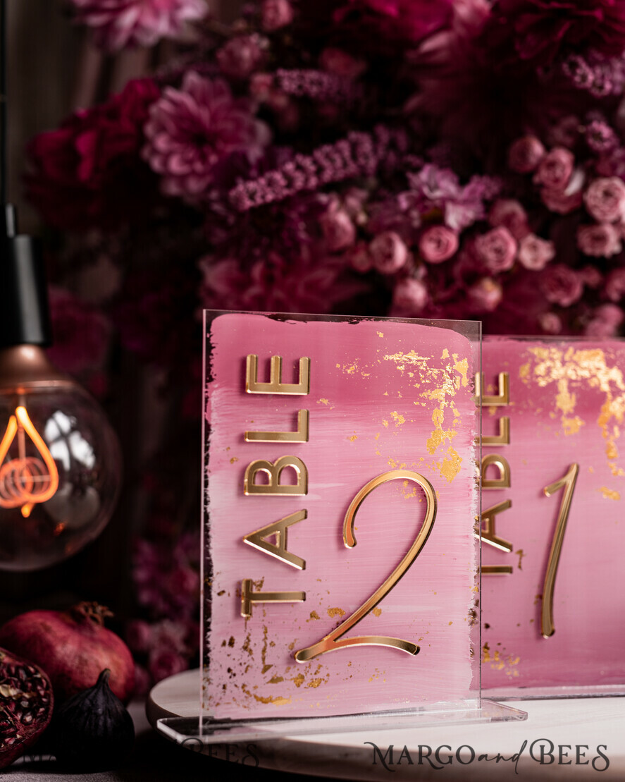 TABLE DECOR SIGNS Acrylic table decor Numbers Pale Pink Ombre Mauve Acrylic Table Number, Dusty Rose Acrylic & gold Sign, Gold Plum Plexi Table Numbers, Luxury Purple Wedding Table Decor, 3D Wedding Signage