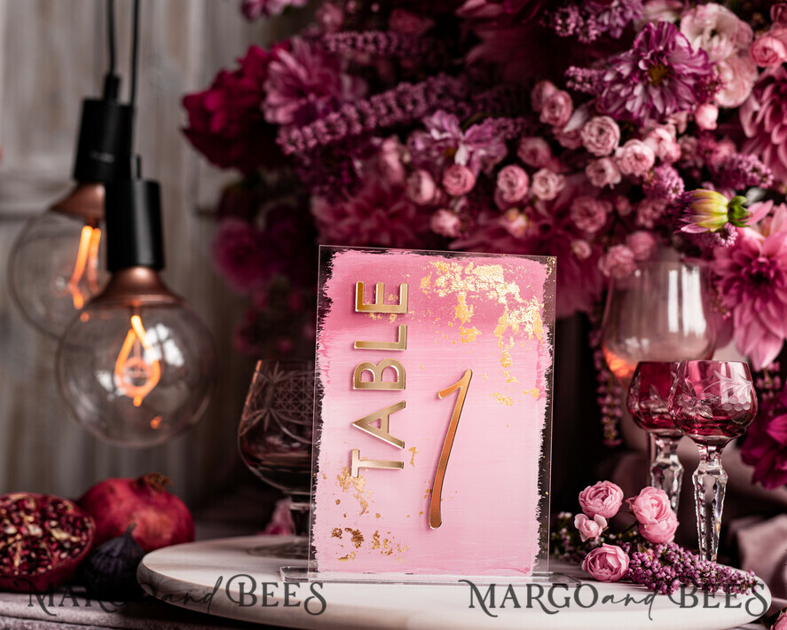 TABLE DECOR SIGNS Acrylic table decor Numbers Pale Pink Ombre Mauve Acrylic Table Number, Dusty Rose Acrylic & gold Sign, Gold Plum Plexi Table Numbers, Luxury Purple Wedding Table Decor, 3D Wedding Signage