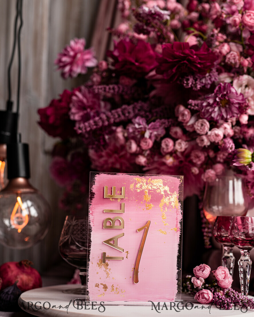 TABLE DECOR SIGNS Acrylic table decor Numbers Pale Pink Ombre Mauve Acrylic Table Number, Dusty Rose Acrylic & gold Sign, Gold Plum Plexi Table Numbers, Luxury Purple Wedding Table Decor, 3D Wedding Signage