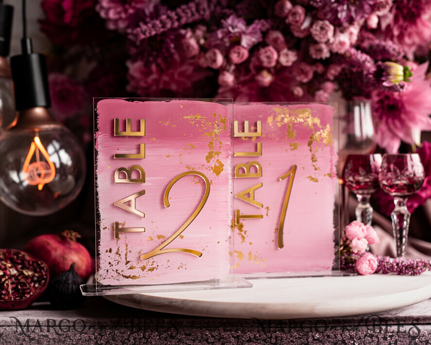 TABLE DECOR SIGNS Acrylic table decor Numbers Pale Pink Ombre Mauve Acrylic Table Number, Dusty Rose Acrylic & gold Sign, Gold Plum Plexi Table Numbers, Luxury Purple Wedding Table Decor, 3D Wedding Signage