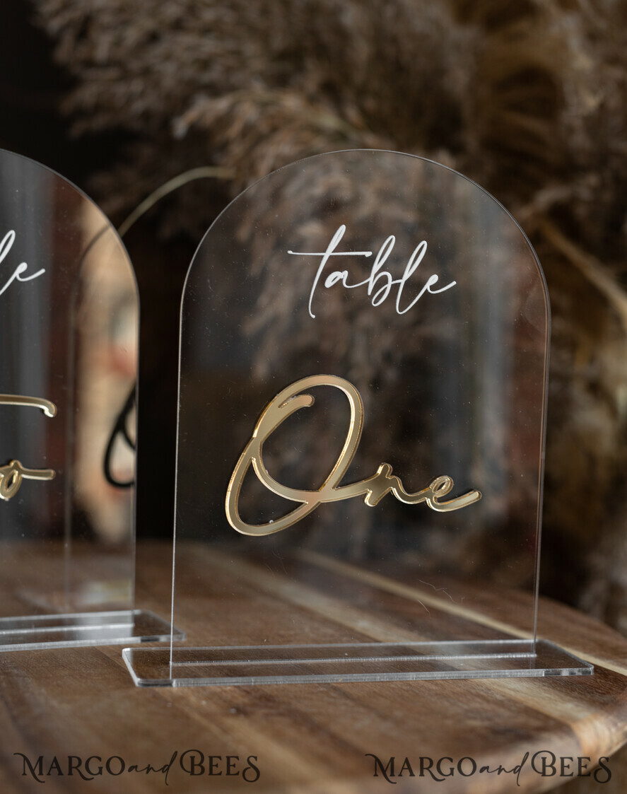 TABLE DECOR SIGNS Acrylic table decor Numbers Transparent Acrylic Arch Table Numbers, Clear Acrylic And Gold Signs, Gold Plexi Table Numbers, Luxury Wedding Table Decor, Wedding Signage Golden Mirror Number