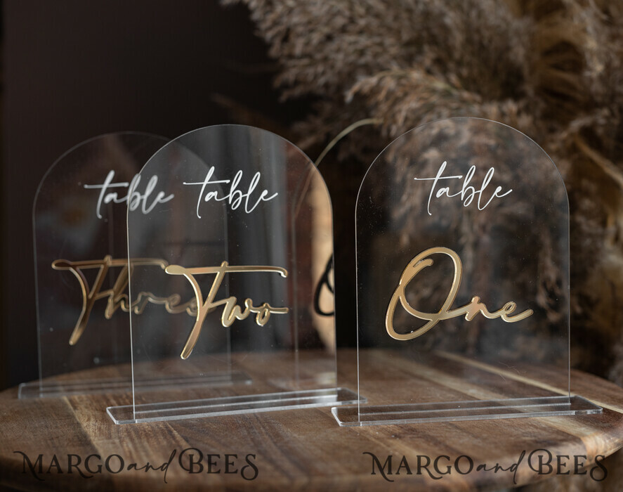 TABLE DECOR SIGNS Acrylic table decor Numbers Transparent Acrylic Arch Table Numbers, Clear Acrylic And Gold Signs, Gold Plexi Table Numbers, Luxury Wedding Table Decor, Wedding Signage Golden Mirror Number