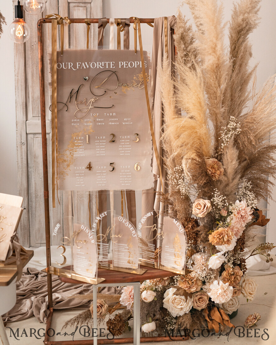 TABLE DECOR SIGNS Acrylic table decor Numbers Acrylic Half Arch Ombre Cappuccino Table Menu, Clear Acrylic And Gold Sign, Nude Gold Plexi Table Numbers, Tan Luxury Wedding Table Decor, Earthy Wedding Signage Golden Mirror Table Numbers