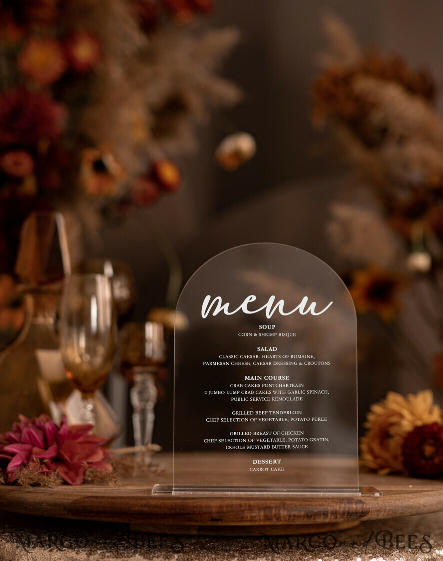 TABLE DECOR SIGNS Acrylic table decor Numbers Elegant Acrylic Arch Table Menu With Stand, Simple Clear Acrylic Sign, Transparent Plexi Table Menus, Luxury Wedding Table Decor, Wedding Signage Dinner Menu
