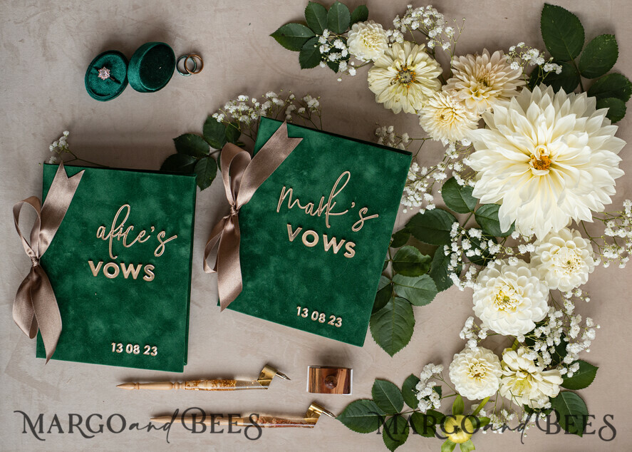 WEDDING VOWS Acrylic Clear Gold Emerald green Garden Bride and groom vow books, Greenery wedding vow books set of two, Velvet Emerald green Garden personalized vow booklets