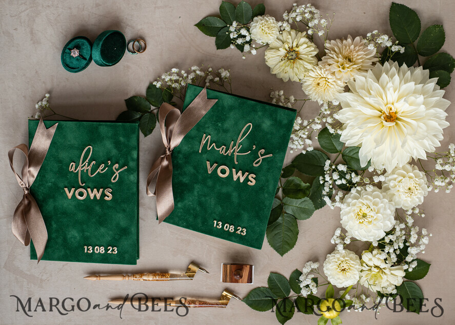 WEDDING VOWS Acrylic Clear Gold Emerald green Garden Bride and groom vow books, Greenery wedding vow books set of two, Velvet Emerald green Garden personalized vow booklets