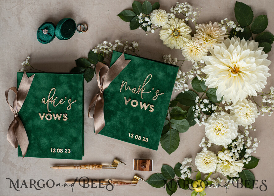 WEDDING VOWS Acrylic Clear Gold Emerald green Garden Bride and groom vow books, Greenery wedding vow books set of two, Velvet Emerald green Garden personalized vow booklets