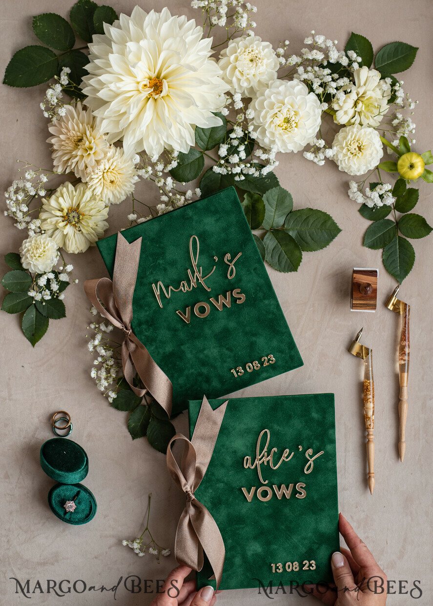 WEDDING VOWS Acrylic Clear Gold Emerald green Garden Bride and groom vow books, Greenery wedding vow books set of two, Velvet Emerald green Garden personalized vow booklets