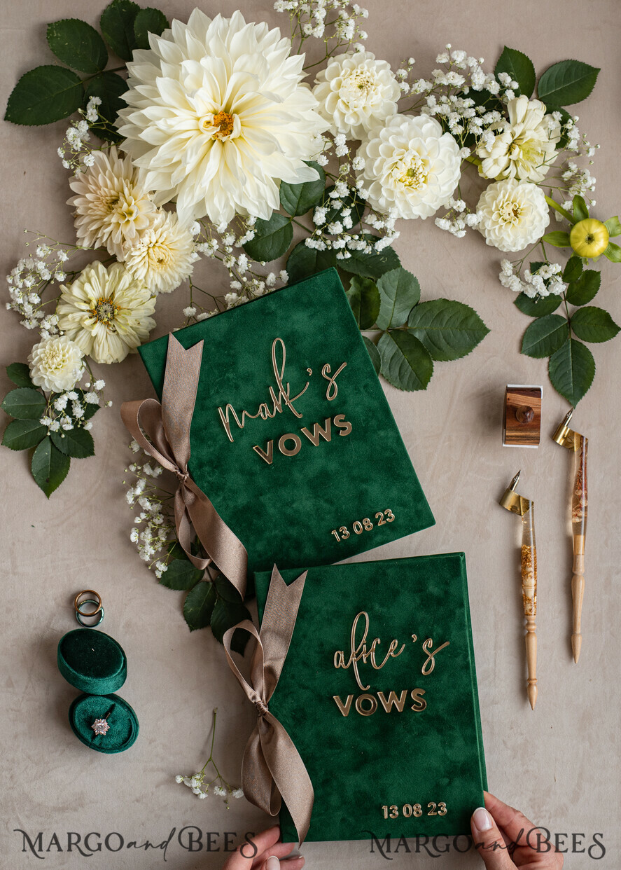 WEDDING VOWS Acrylic Clear Gold Emerald green Garden Bride and groom vow books, Greenery wedding vow books set of two, Velvet Emerald green Garden personalized vow booklets