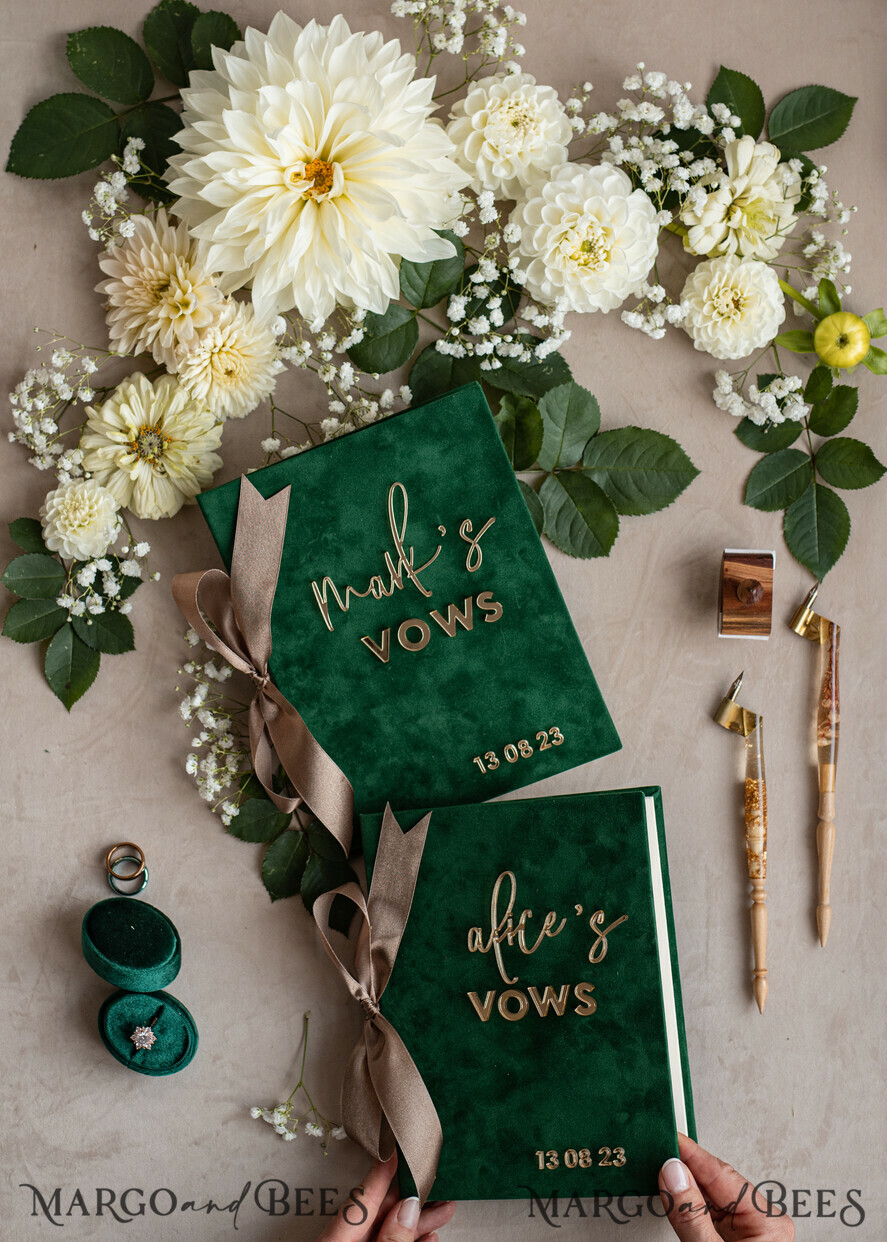 WEDDING VOWS Acrylic Clear Gold Emerald green Garden Bride and groom vow books, Greenery wedding vow books set of two, Velvet Emerald green Garden personalized vow booklets