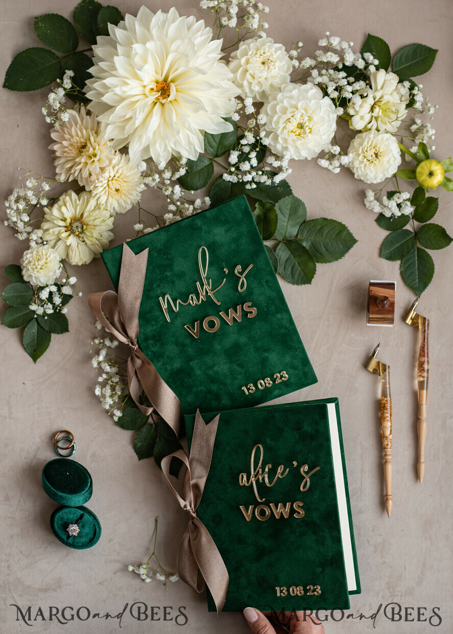 WEDDING VOWS Acrylic Clear Gold Emerald green Garden Bride and groom vow books, Greenery wedding vow books set of two, Velvet Emerald green Garden personalized vow booklets