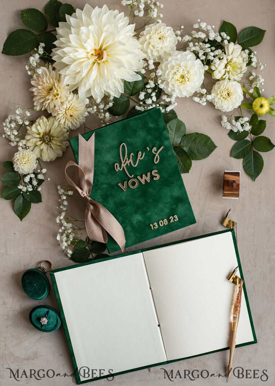 WEDDING VOWS Acrylic Clear Gold Emerald green Garden Bride and groom vow books, Greenery wedding vow books set of two, Velvet Emerald green Garden personalized vow booklets