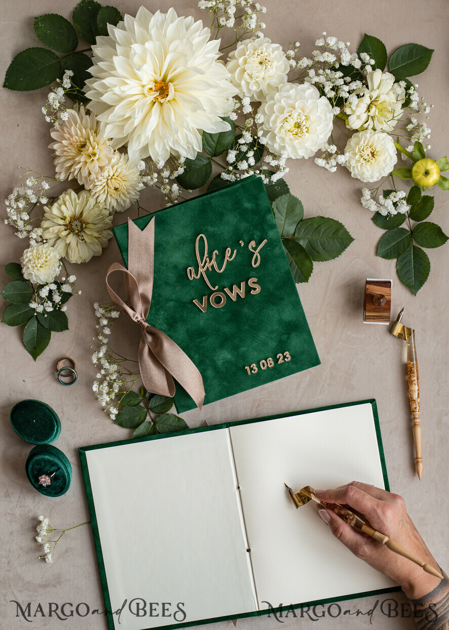 WEDDING VOWS Acrylic Clear Gold Emerald green Garden Bride and groom vow books, Greenery wedding vow books set of two, Velvet Emerald green Garden personalized vow booklets