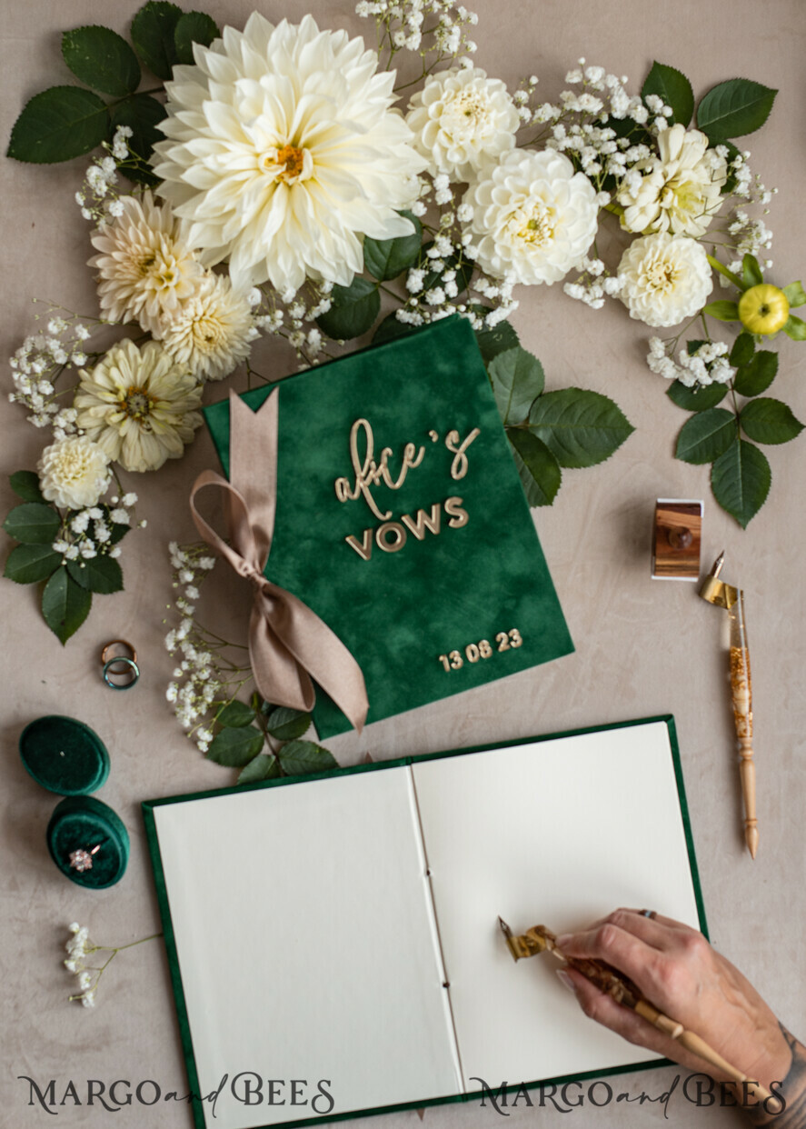 WEDDING VOWS Acrylic Clear Gold Emerald green Garden Bride and groom vow books, Greenery wedding vow books set of two, Velvet Emerald green Garden personalized vow booklets