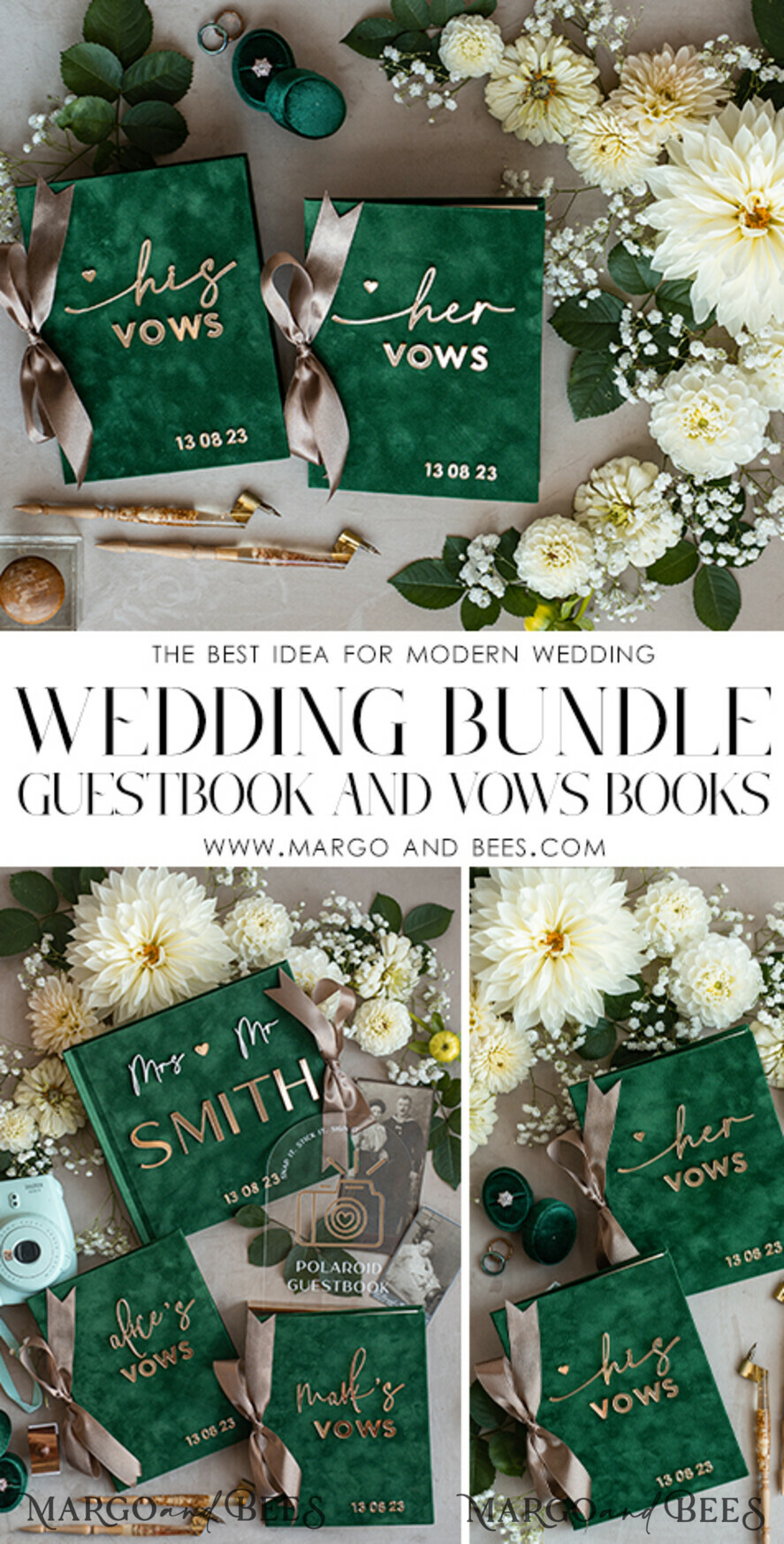 WEDDING VOWS Acrylic Clear Gold Emerald green Garden Bride and groom vow books, Greenery wedding vow books set of two, Velvet Emerald green Garden personalized vow booklets