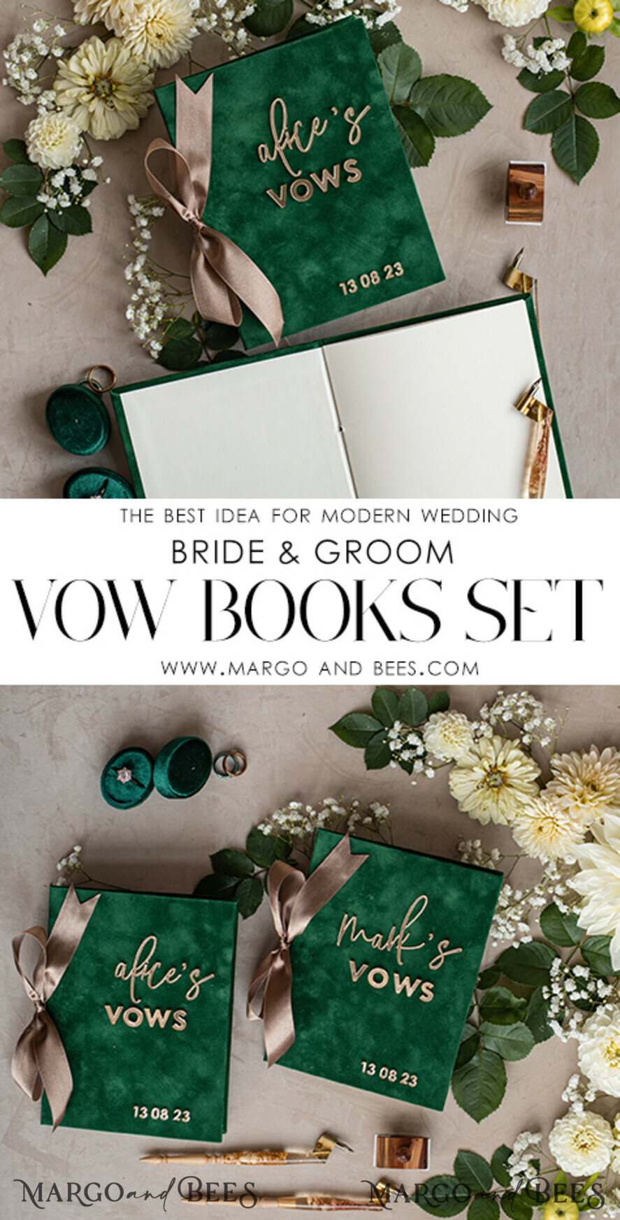 WEDDING VOWS Acrylic Clear Gold Emerald green Garden Bride and groom vow books, Greenery wedding vow books set of two, Velvet Emerald green Garden personalized vow booklets