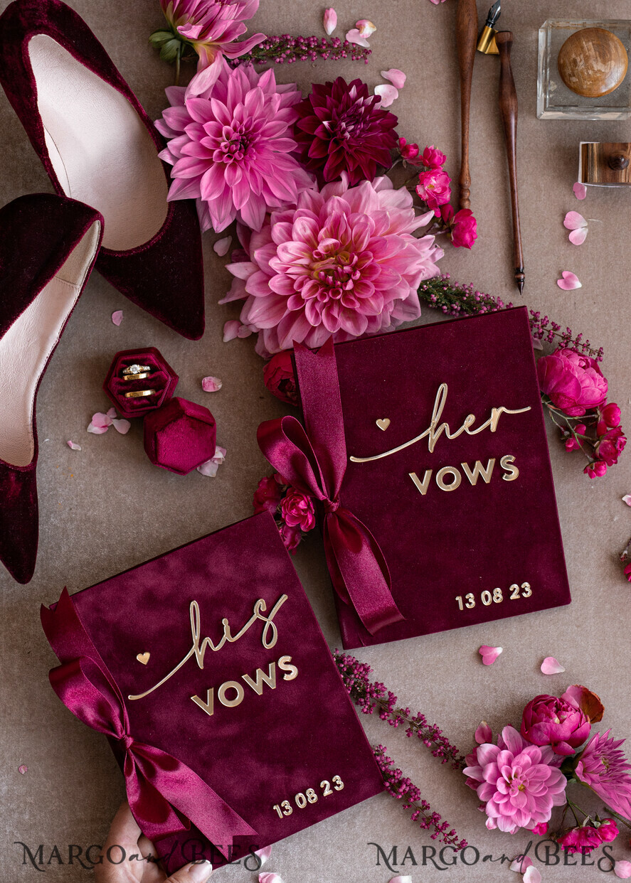 WEDDING VOWS Acrylic Clear Gold Maroon Bride and groom vow books, Burgundy wedding vow books set of two, Velvet Marsala personalized vow booklets, Golden Mirror his and her vow books, Acrylic Velvet Gold custom wedding vow cases, bridal shower gift
