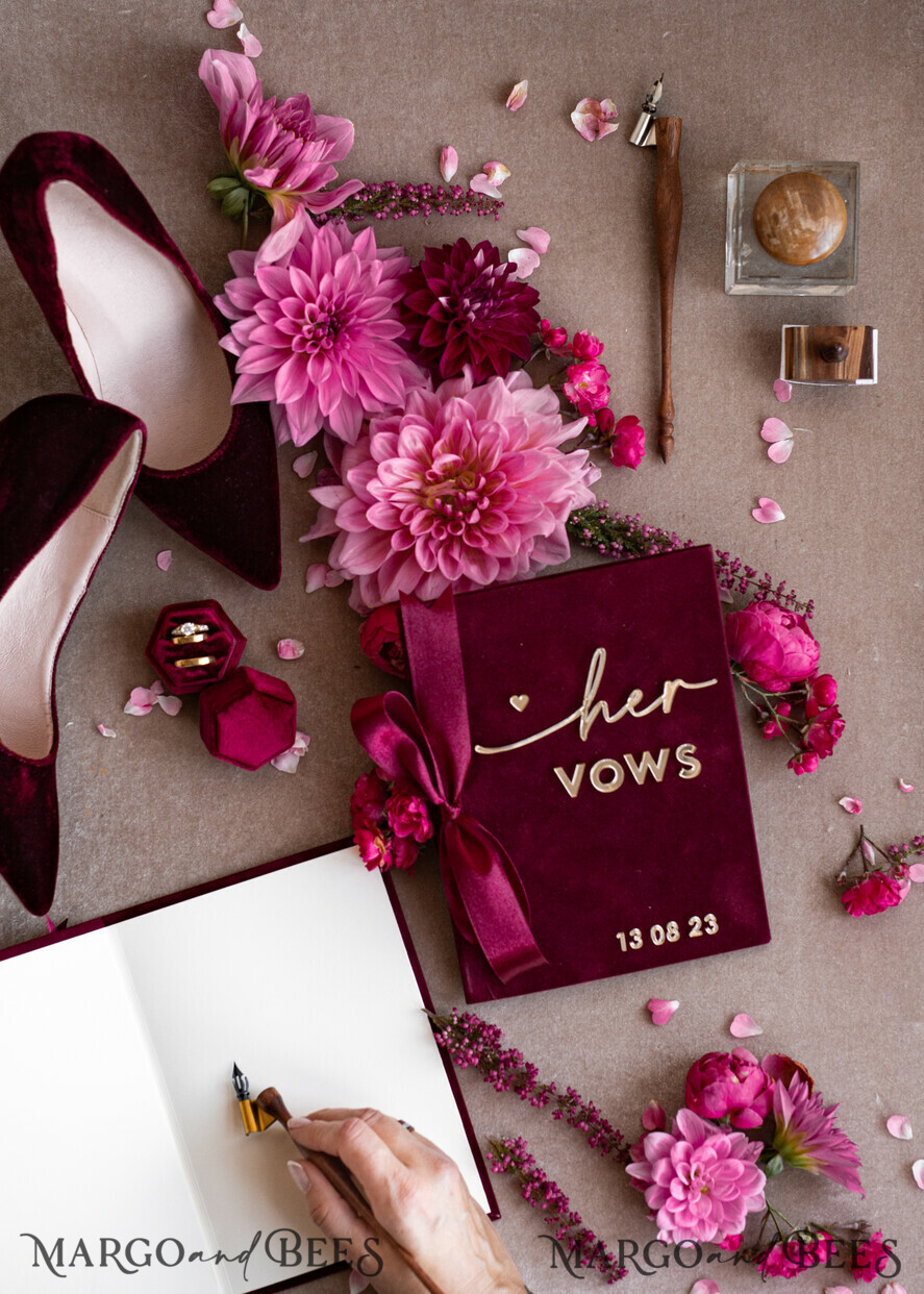 WEDDING VOWS Acrylic Clear Gold Maroon Bride and groom vow books, Burgundy wedding vow books set of two, Velvet Marsala personalized vow booklets, Golden Mirror his and her vow books, Acrylic Velvet Gold custom wedding vow cases, bridal shower gift