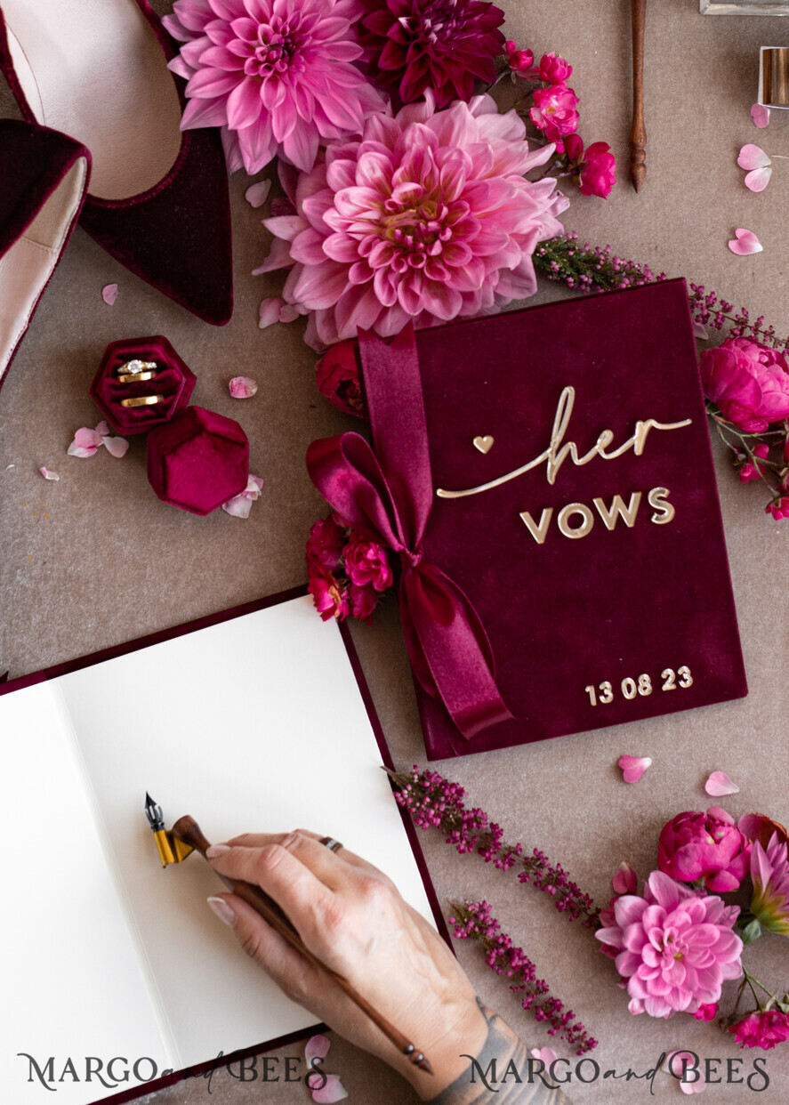 WEDDING VOWS Acrylic Clear Gold Maroon Bride and groom vow books, Burgundy wedding vow books set of two, Velvet Marsala personalized vow booklets, Golden Mirror his and her vow books, Acrylic Velvet Gold custom wedding vow cases, bridal shower gift