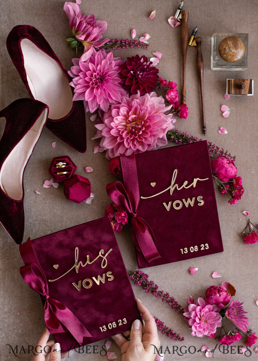 WEDDING VOWS Acrylic Clear Gold Maroon Bride and groom vow books, Burgundy wedding vow books set of two, Velvet Marsala personalized vow booklets, Golden Mirror his and her vow books, Acrylic Velvet Gold custom wedding vow cases, bridal shower gift