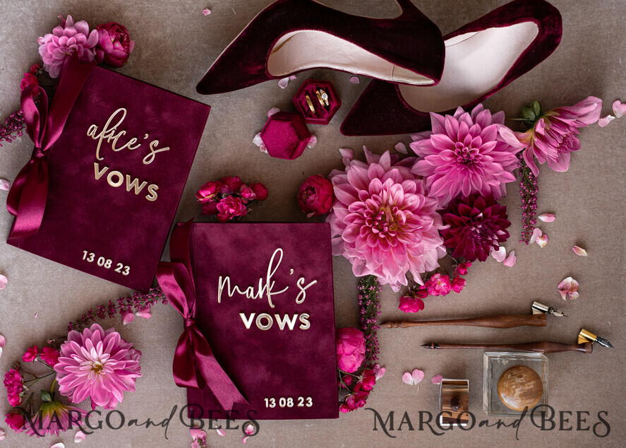 WEDDING VOWS Acrylic Clear Gold Burgundy Bride and groom vow books, Maroon wedding vow books set of two, Velvet Marsala personalized vow booklets, Golden Mirror his and her vow books, Acrylic Copper Gold custom wedding vow cases, bridal shower gift