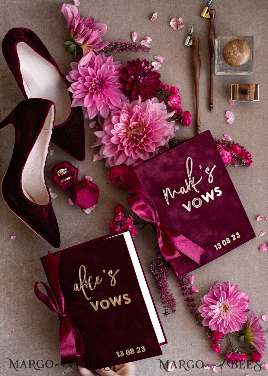 WEDDING VOWS Acrylic Clear Gold Burgundy Bride and groom vow books, Maroon wedding vow books set of two, Velvet Marsala personalized vow booklets, Golden Mirror his and her vow books, Acrylic Copper Gold custom wedding vow cases, bridal shower gift