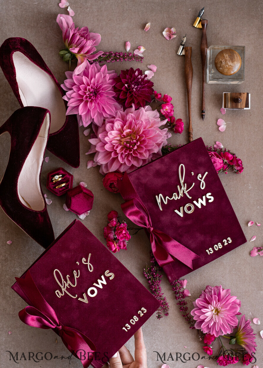 WEDDING VOWS Acrylic Clear Gold Burgundy Bride and groom vow books, Maroon wedding vow books set of two, Velvet Marsala personalized vow booklets, Golden Mirror his and her vow books, Acrylic Copper Gold custom wedding vow cases, bridal shower gift