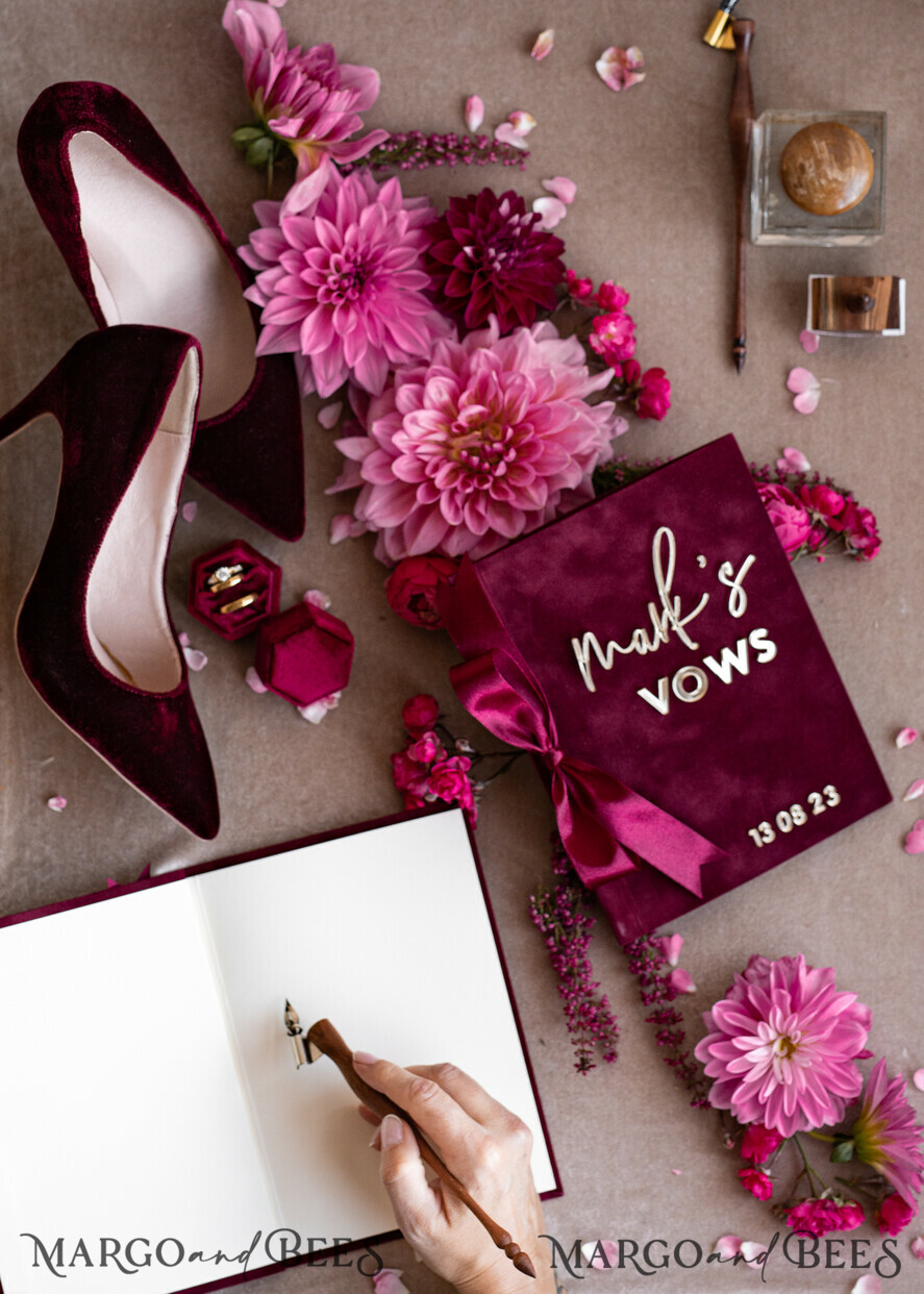 WEDDING VOWS Acrylic Clear Gold Burgundy Bride and groom vow books, Maroon wedding vow books set of two, Velvet Marsala personalized vow booklets, Golden Mirror his and her vow books, Acrylic Copper Gold custom wedding vow cases, bridal shower gift