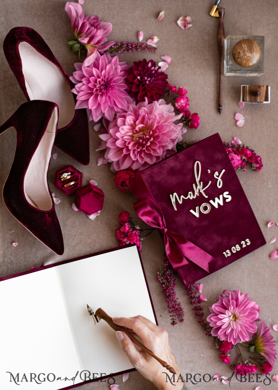 WEDDING VOWS Acrylic Clear Gold Burgundy Bride and groom vow books, Maroon wedding vow books set of two, Velvet Marsala personalized vow booklets, Golden Mirror his and her vow books, Acrylic Copper Gold custom wedding vow cases, bridal shower gift